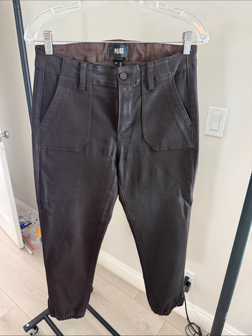 PAIGE Dark Brown Coated Women's Cargo Jogger Jeans